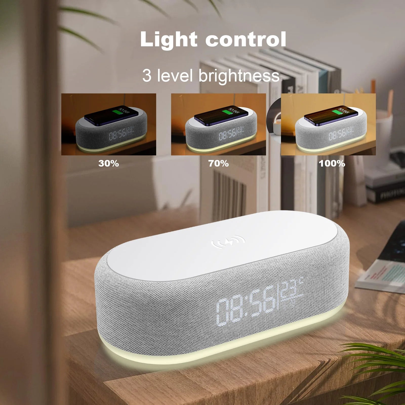 3-in-1 Fast Wireless Charger Alarm Clock with LED Light & Thermometer