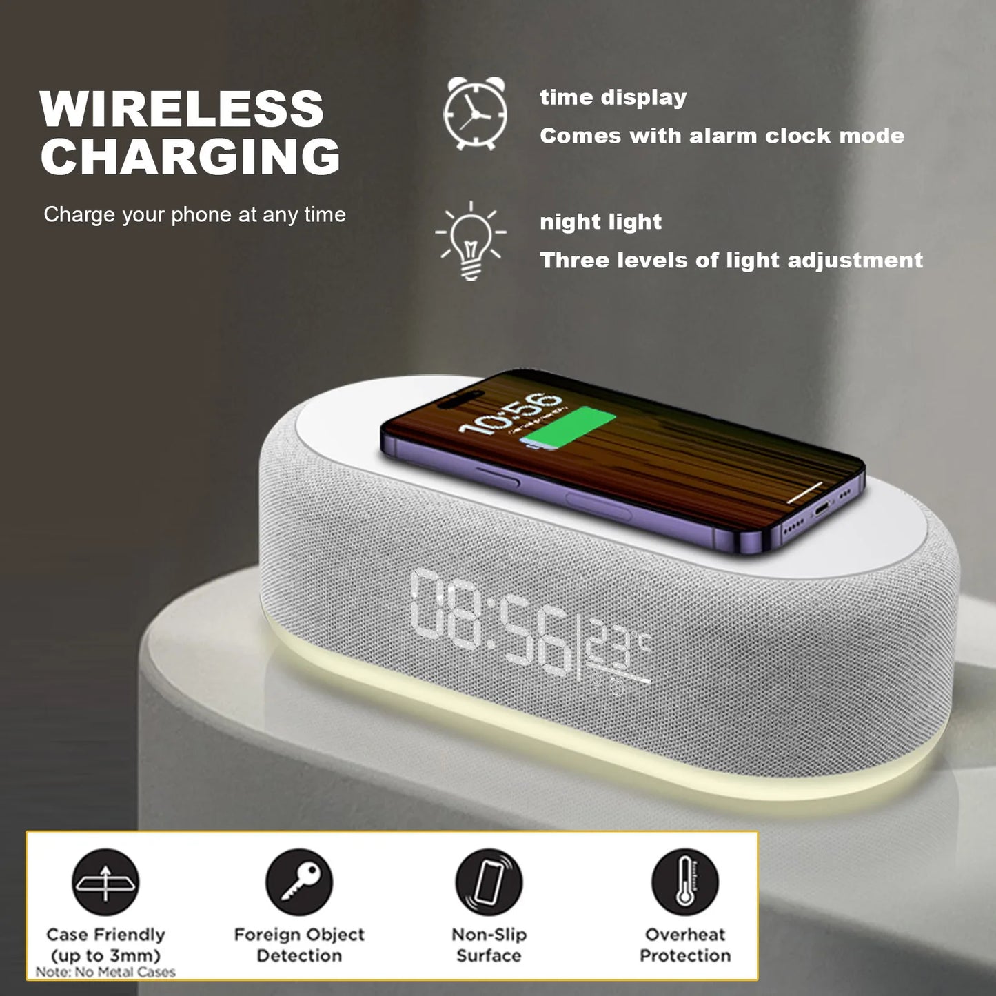 3-in-1 Fast Wireless Charger Alarm Clock with LED Light & Thermometer